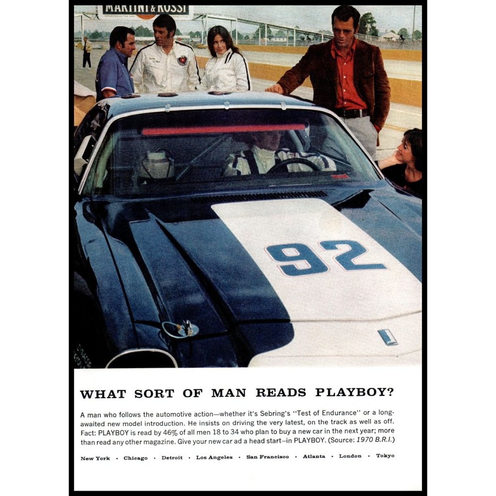 1971 What Sort of Man Reads Playboy Vintage Print Ad Camaro Race Track Wall Art